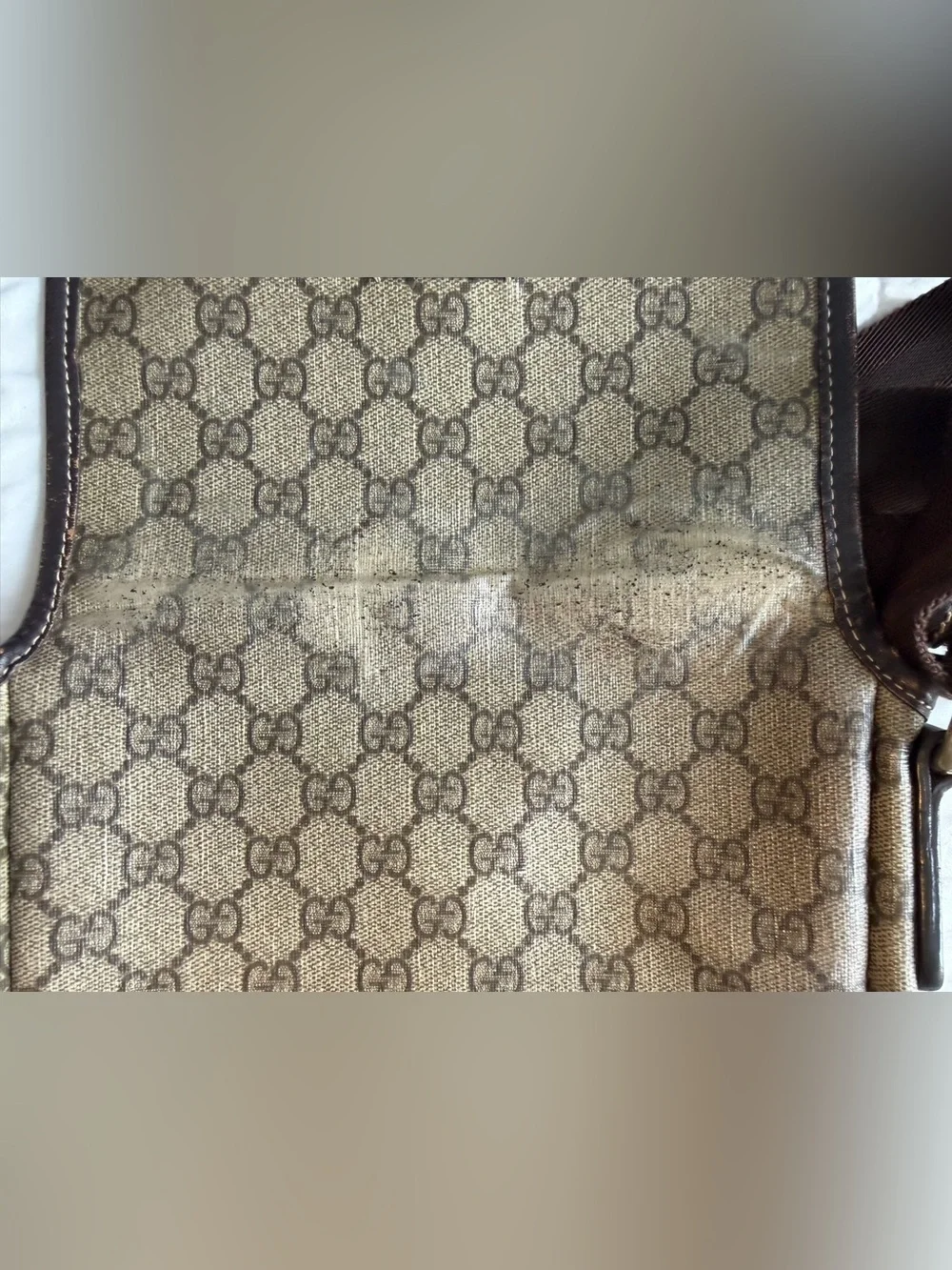 Gucci Beige Monogram Canvas Messenger Bag with Brown Trim